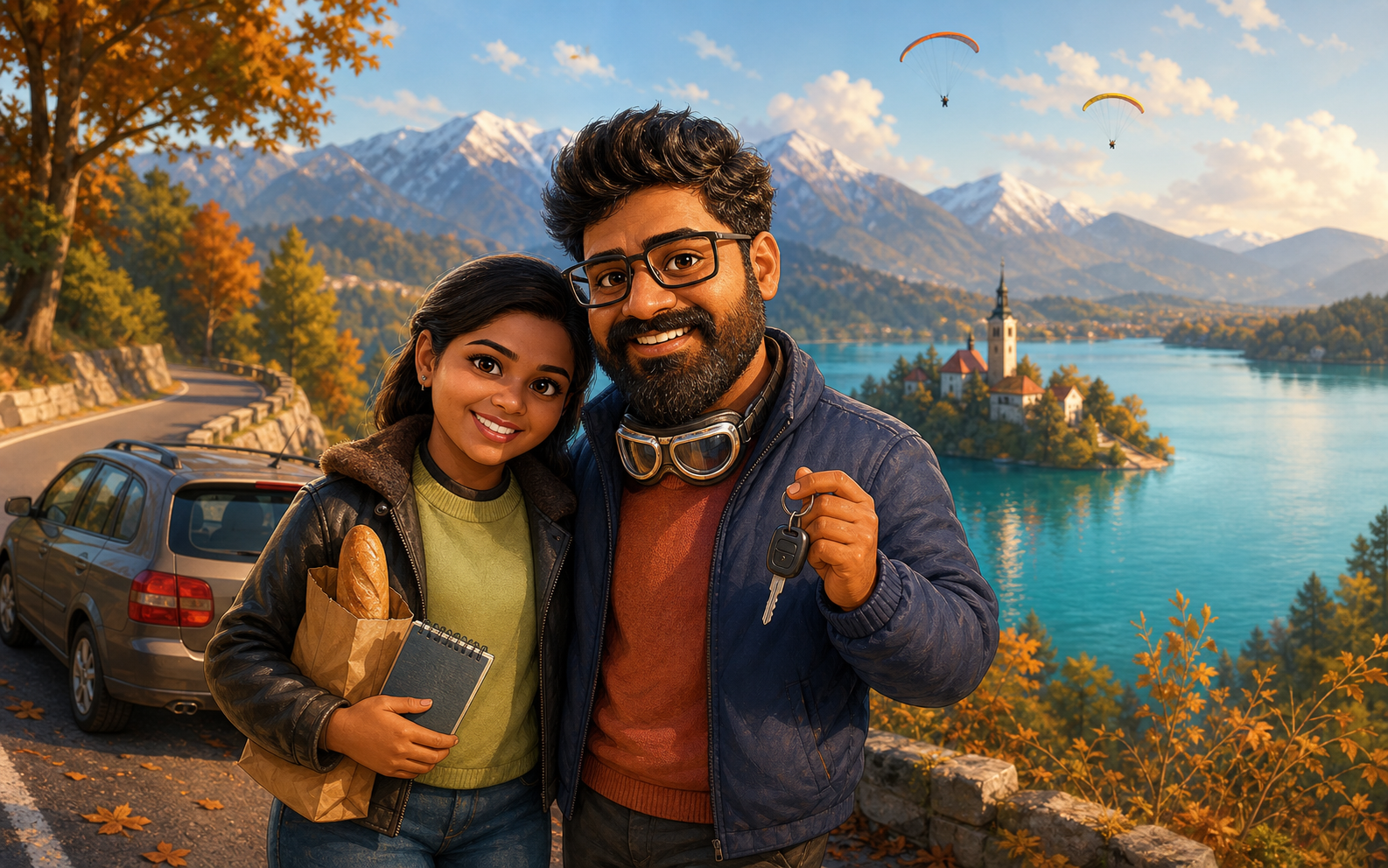 Caricature of Arjuna and Rithesh by Lake Bled with a road car and parachutes