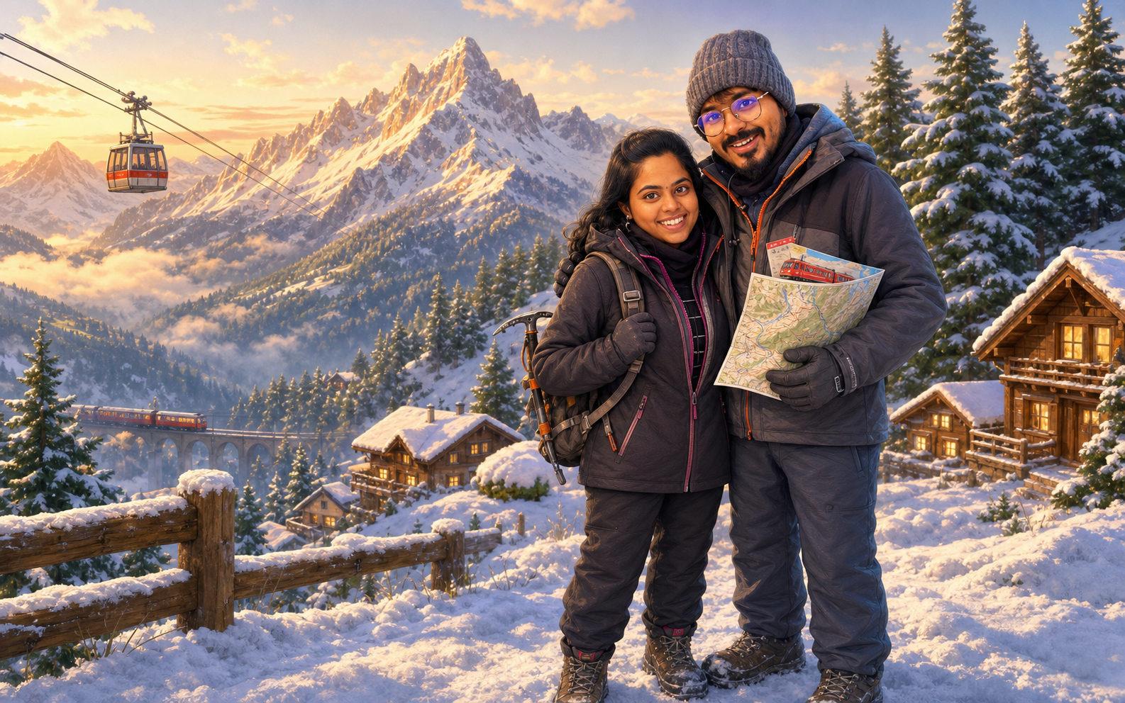 Caricature of Uma and Ashok in a snowy Alpine village